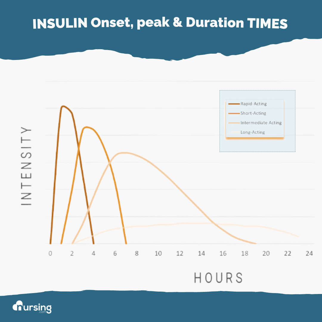 A comprehensive chart for nursing students detailing insulin types along with their onset, peak, and duration, presented in an organized format to simplify pharmacology study and enhance understanding of diabetes management.