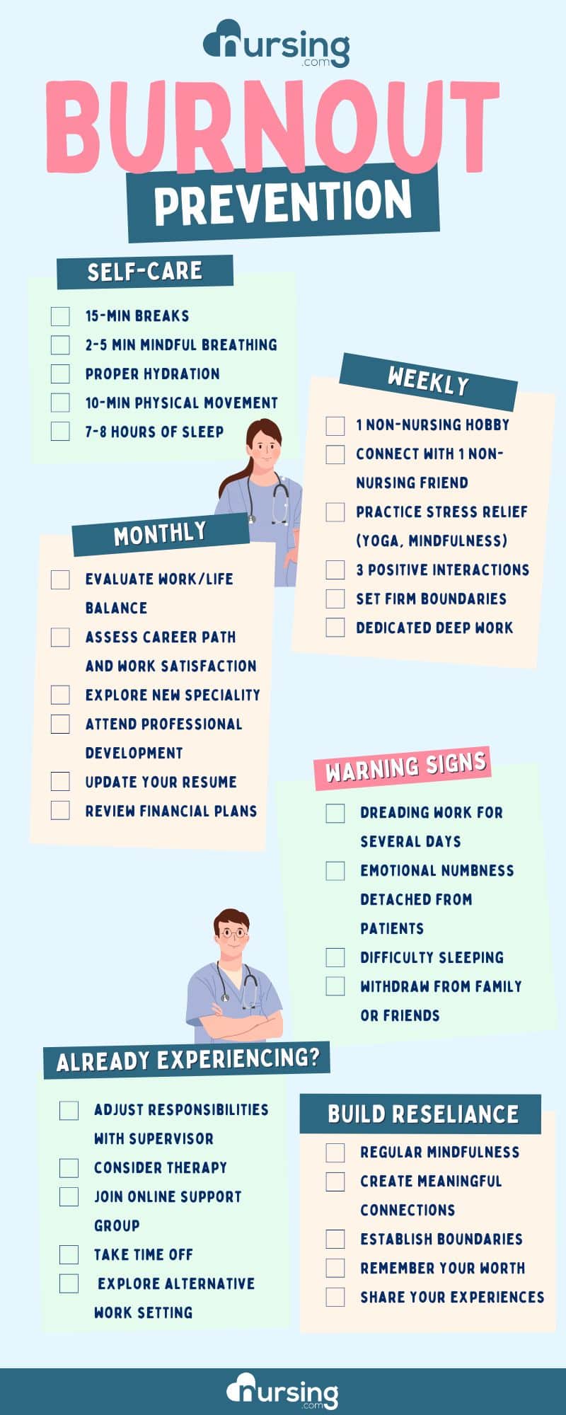 infographic how to prevent nursing burnout and burnout for nursing students nurses checklist