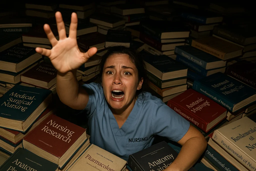nursing student drowning in textbooks dyslexia nursing school nclex