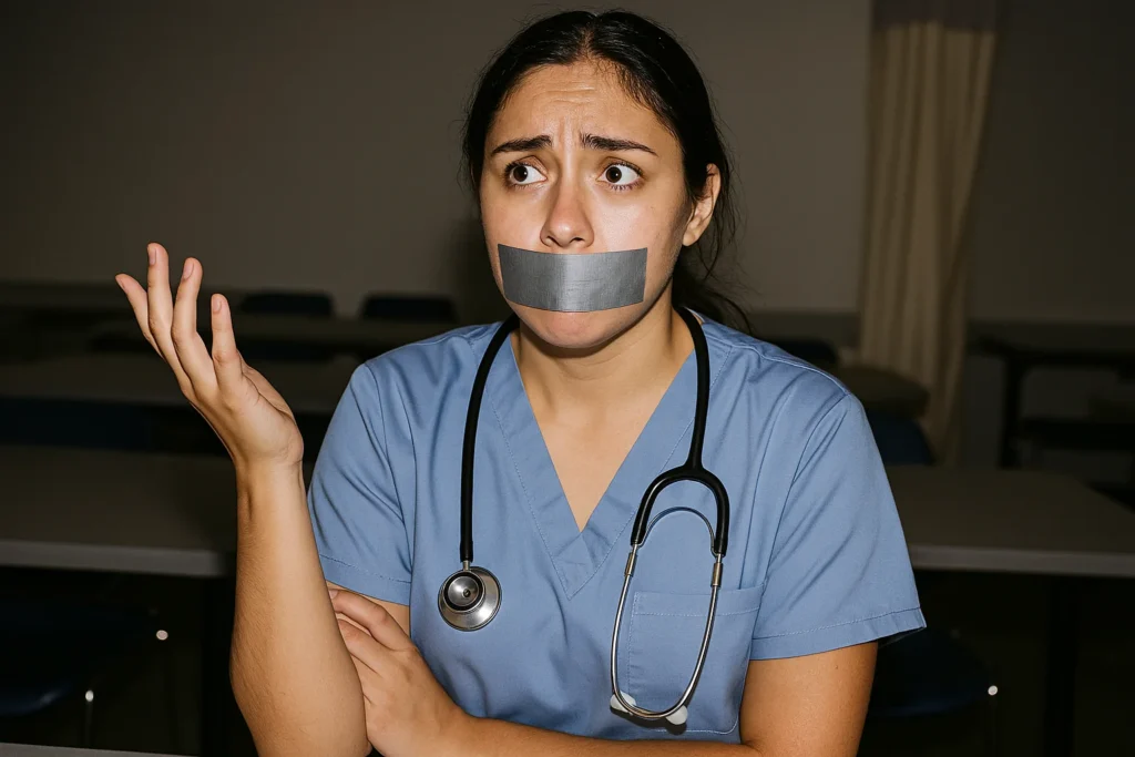 nursing student not speaking up afraid to speak up and talk mouth taped shut