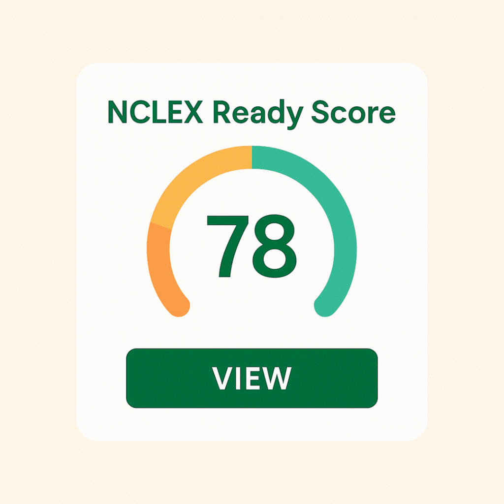 NCLEX ReadyScore app showing personalized NCLEX readiness score, performance by topic, and progress tracker to help nursing students prepare for the NCLEX exam with a clear study plan