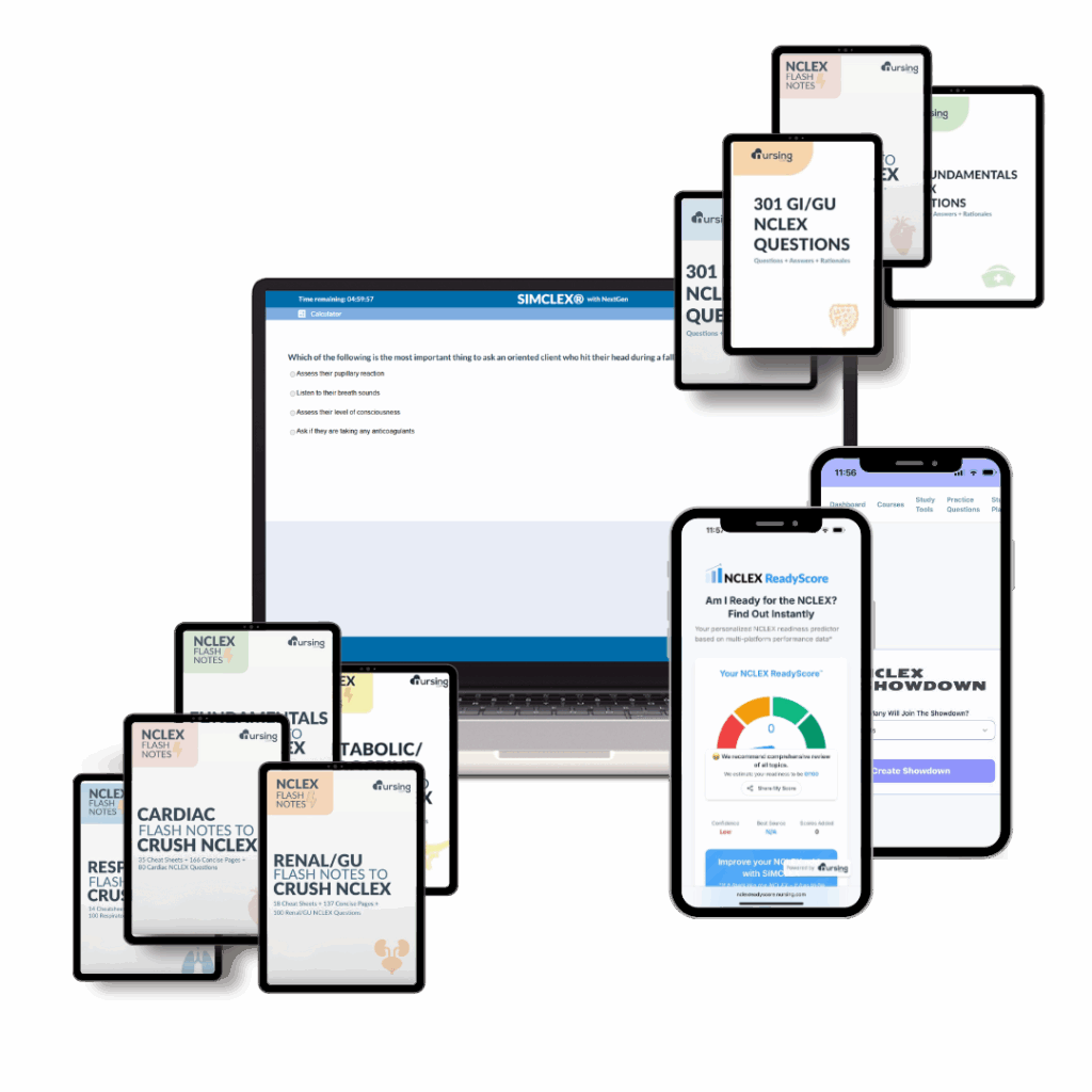 Best NCLEX prep bundle with practice exam simulator, flash notes, rationales, NCLEX showdown apps, and readiness score to study smarter and pass NCLEX on the first try