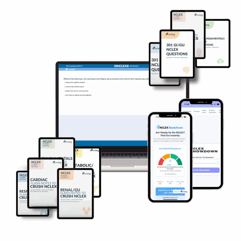 Best NCLEX prep bundle with practice exam simulator, flash notes, rationales, NCLEX showdown apps, and readiness score to study smarter and pass NCLEX on the first try