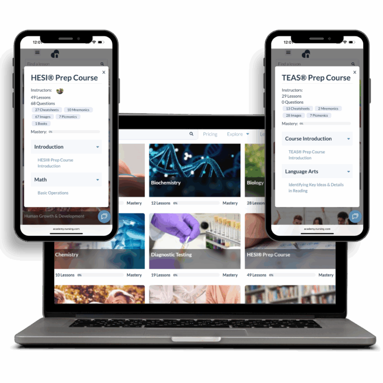 Nursing school entrance exam prep kit with pre-nursing courses, TEAS practice, and HESI review to help students get ready for nursing school.