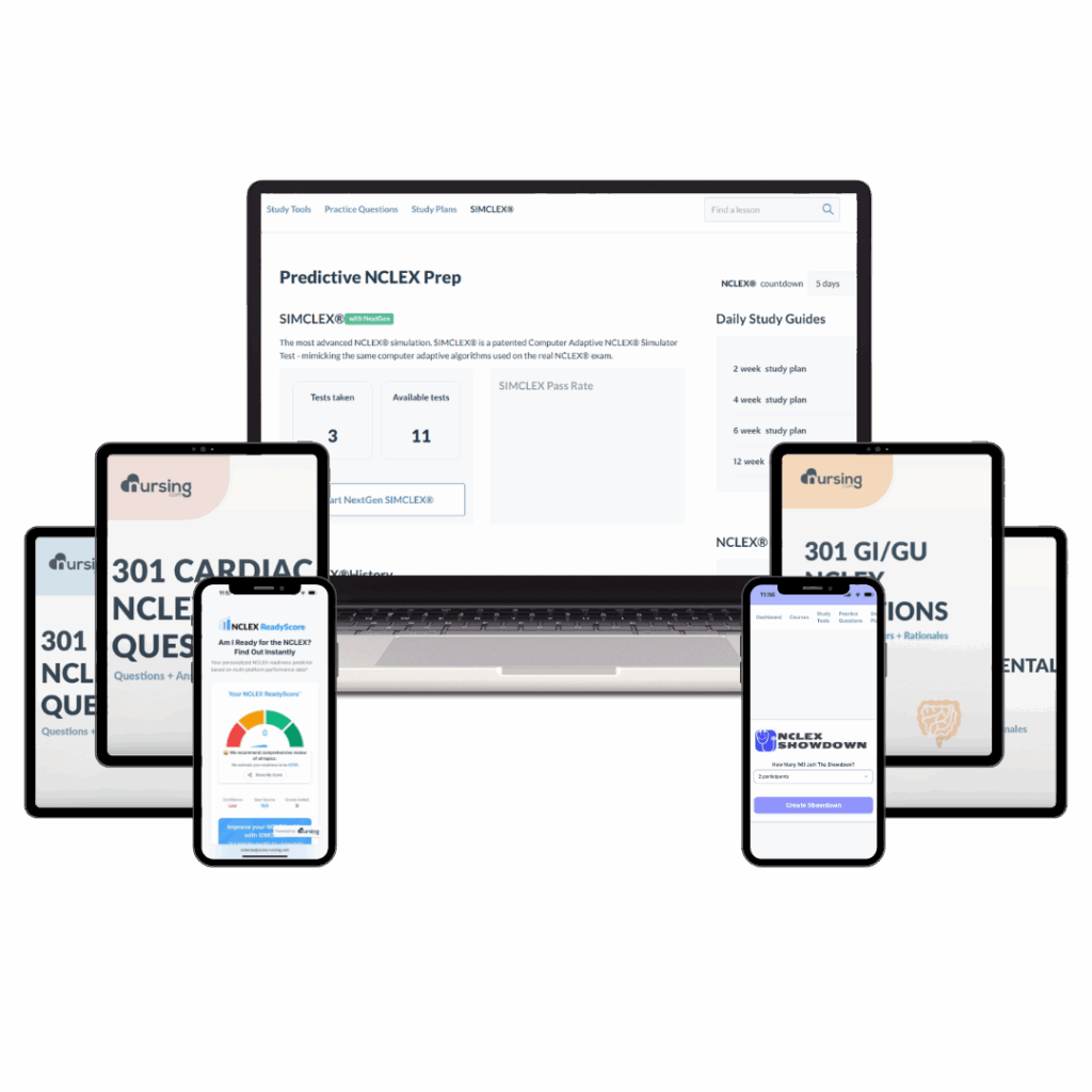 Best NCLEX prep bundle – practice smarter with question banks, SIMCLEX exam simulator, ReadyScore predictor, and question books for nursing students.