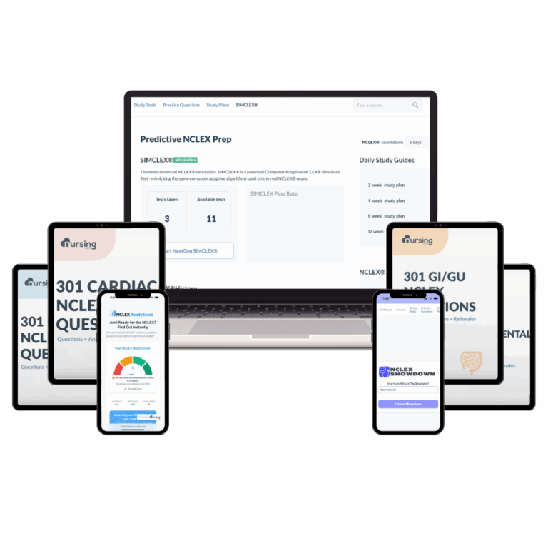 Best NCLEX prep bundle – practice smarter with question banks, SIMCLEX exam simulator, ReadyScore predictor, and question books for nursing students.