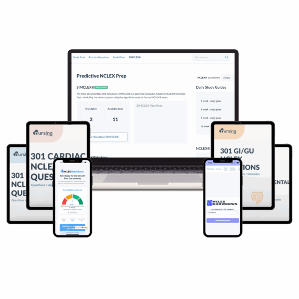 Best NCLEX prep bundle – practice smarter with question banks, SIMCLEX exam simulator, ReadyScore predictor, and question books for nursing students.