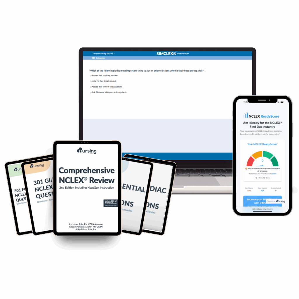 Repeat NCLEX Bundle for nursing students who failed the exam – includes 5 months of SIMCLEX exams, NCLEX review book, question book PDFs, and ReadyScore predictor