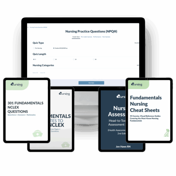 Fundamentals of nursing made easy – study kit with 62-cheatsheet course, flash notes, assessments, and NCLEX-style practice questions for students.