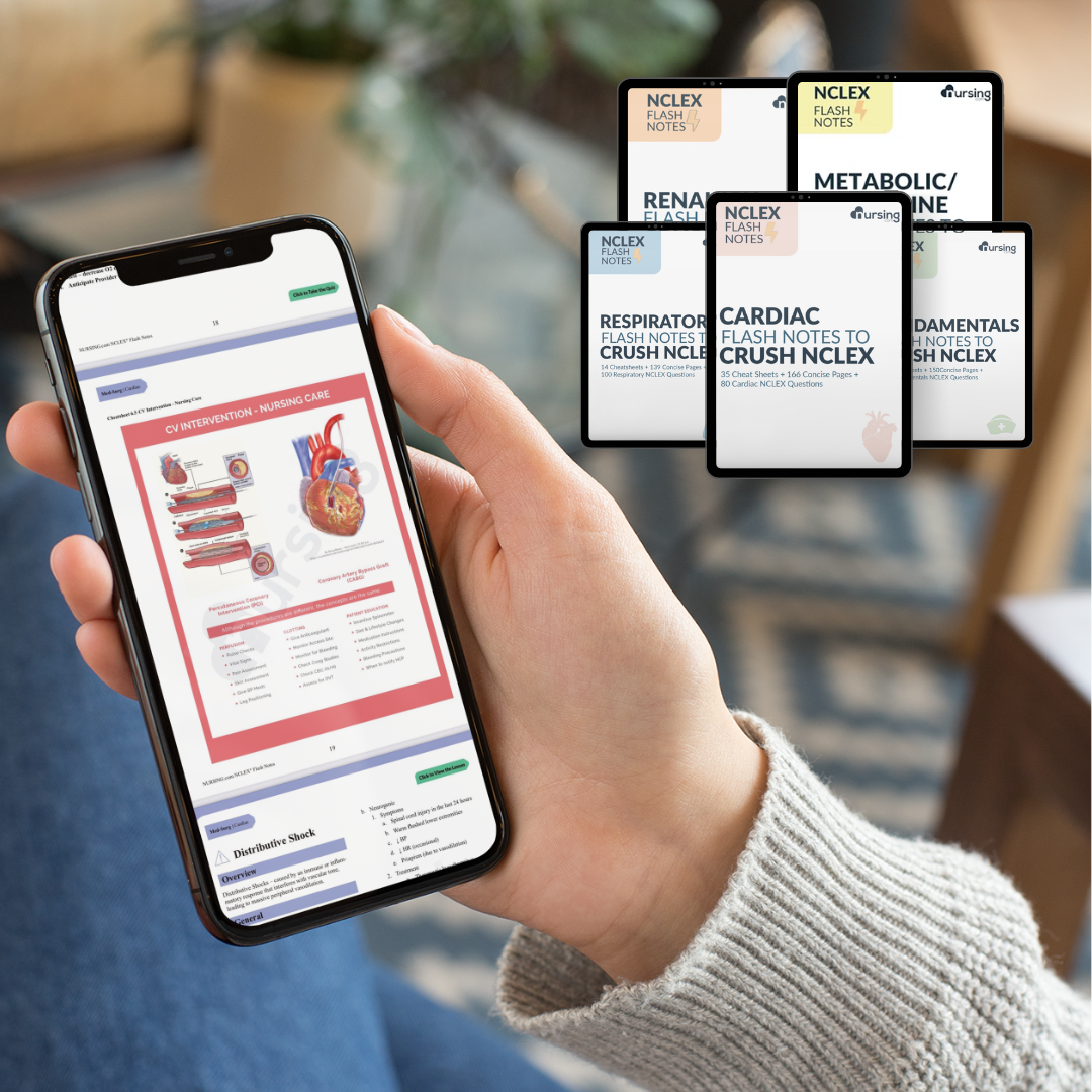 Med-Surg Mega Kit digital bundle by NURSING.com featuring Cardiac, Respiratory, Renal/GU, and Metabolic/Endocrine Flash Notes plus 77 Must-Know Nursing Topics PDF