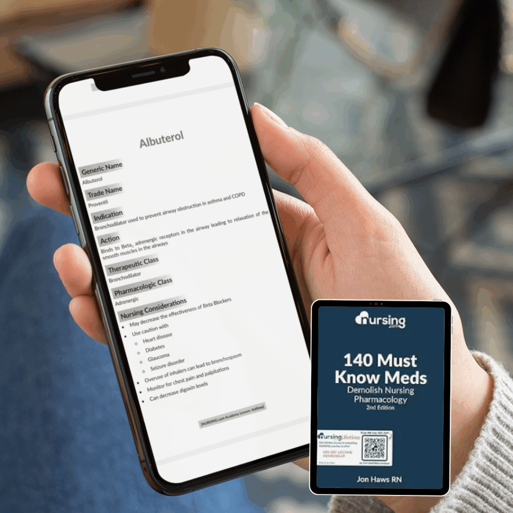 Cover of 140 Must Know Meds by NURSING.com, a digital nursing pharmacology guide with high-yield drug information to help nursing students study for the NCLEX.