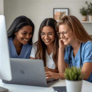 Small group of nursing students studying together with laptops, highlighting NURSING.com Elite Access Group Coaching with Jon Haws, RN — Lifetime Membership + Med-Surg Mega Kit included.