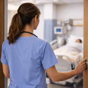 Nurse entering a patient’s room from behind, symbolizing the start of patient care in a hospital setting.