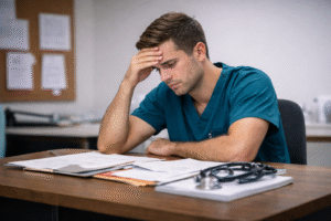 Nursing student reviewing conflicting clinical feedback