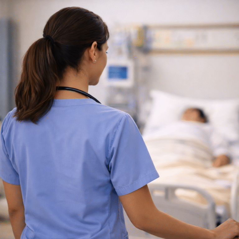 Nurse entering room, attending to patient