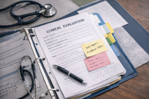 Nursing student organizing clinical documentation