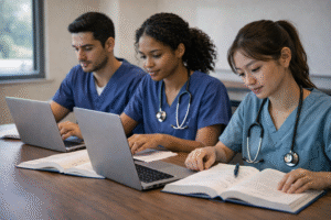 nursing students sitting at a desk with laptops and textbooks