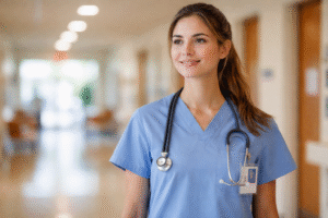 Confident nursing student in hospital hallway