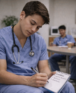 a nursing student writing in a notebook about things he is grateful for