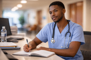 Determined nurse student at workstation documenting shift