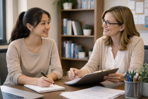 a nursing student meeting with an academic advisor in a quiet office, discussing future plans and remediation options