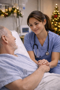 Nursing student in blue scrubs sits beside an elderly patient in a hospital room decorated for the holidays, gently holding the patient’s hand and speaking with a warm, compassionate expression.