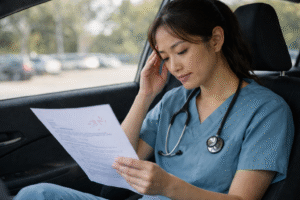 a nursing student sitting alone in a car after receiving exam results