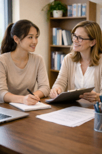 a nursing student meeting with an academic advisor in a quiet office, discussing future plans and remediation options