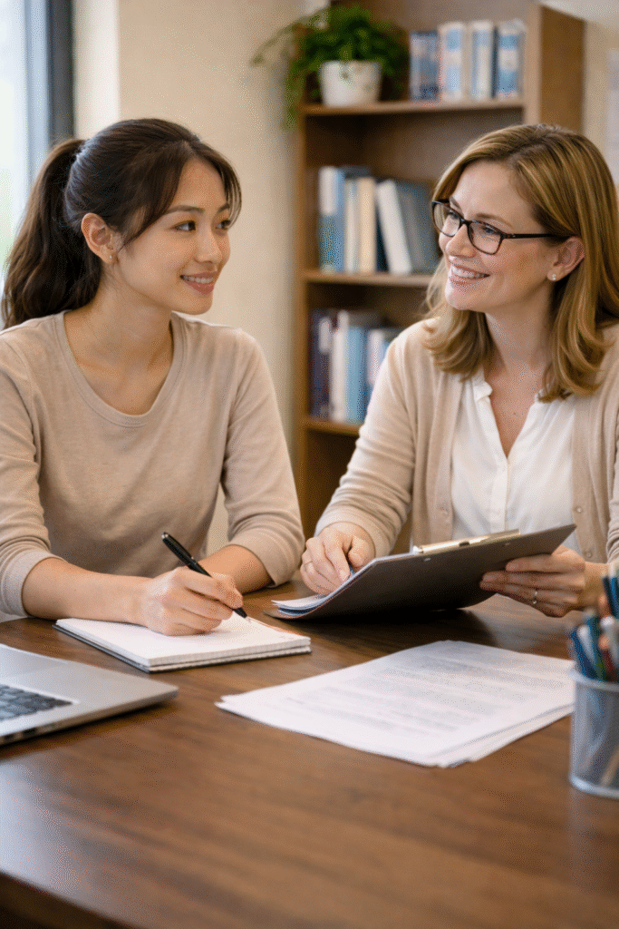 a nursing student meeting with an academic advisor in a quiet office, discussing future plans and remediation options