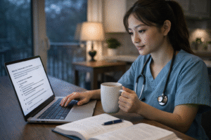 a nursing student studying early in the morning with coffee and a laptop, practicing exam questions in a quiet home environment