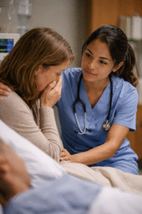 a nurse providing Compassionate care at the hospital bedside