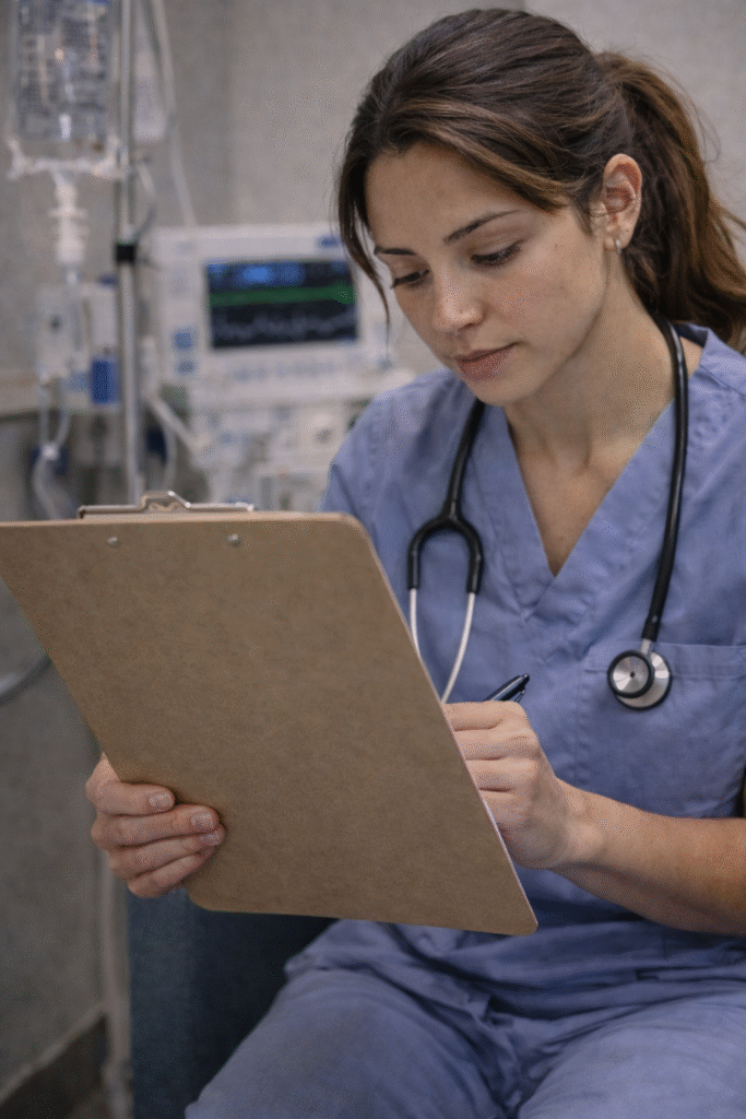 female nursing student in blue scrubs reviews a patient chart on a clipboard in a hospital room, focused and thoughtful, with medical equipment softly blurred in the background.