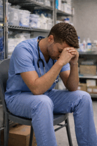 nurse reflecting in a store room about what happened
