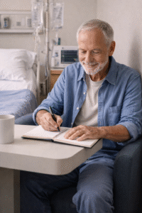 Older man sits in the corner of a hospital room, writing thoughtfully in a notebook on a small end table, smiling softly, with a hospital bed and equipment visible in the background.
