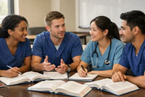 nursing students studying together at a large table with textbooks and laptops, focused on exam preparation and collaborative learning