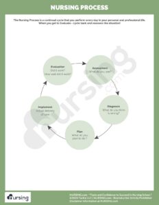 The nursing process: ADPIE - Assess, Diagnose, Plan, Implement, Evaluate