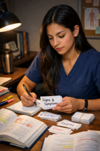 A nursing student studying alone late at night with open textbooks and flashcards labeled signs and symptoms