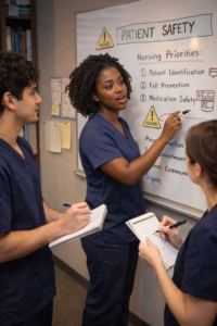 Nursing students reviewing patient safety concepts using a whiteboard