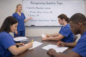 nursing education scene of diverse nursing students practicing exam review with an instructor at the front of a small classroom, students identifying absolute words and eliminating “same answer” options on printed practice questions